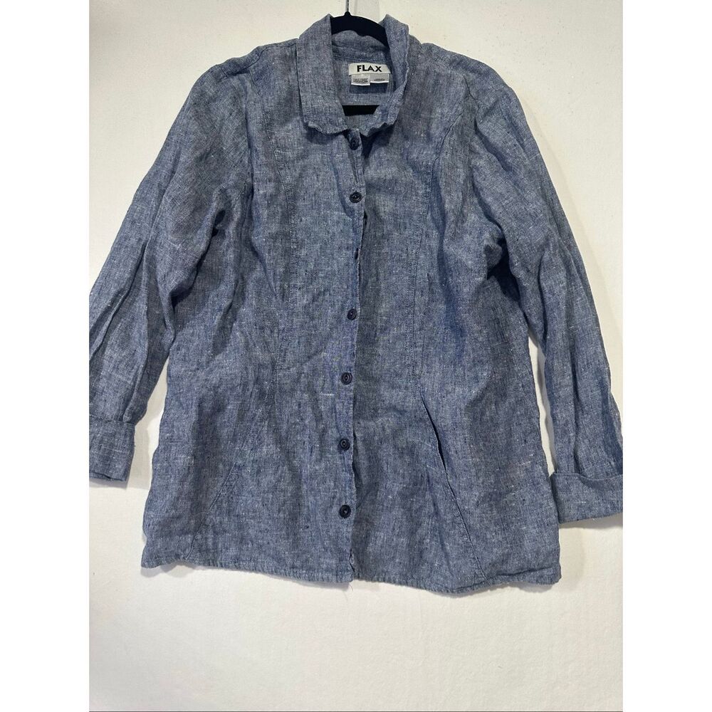 FLAX 100% Linen Button Front Shirt Women’s Medium Blue Long Sleeve with pockets